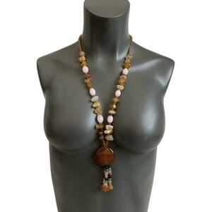Long Beaded Statement Necklace with Agate Pendant and Gemstone Tassel 28"